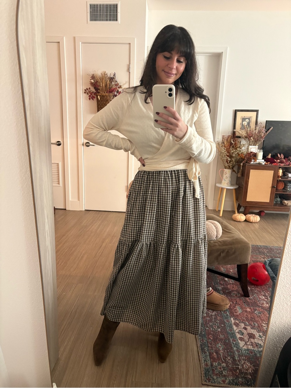 Brown & White Gingham Tiered Maxi Skirt